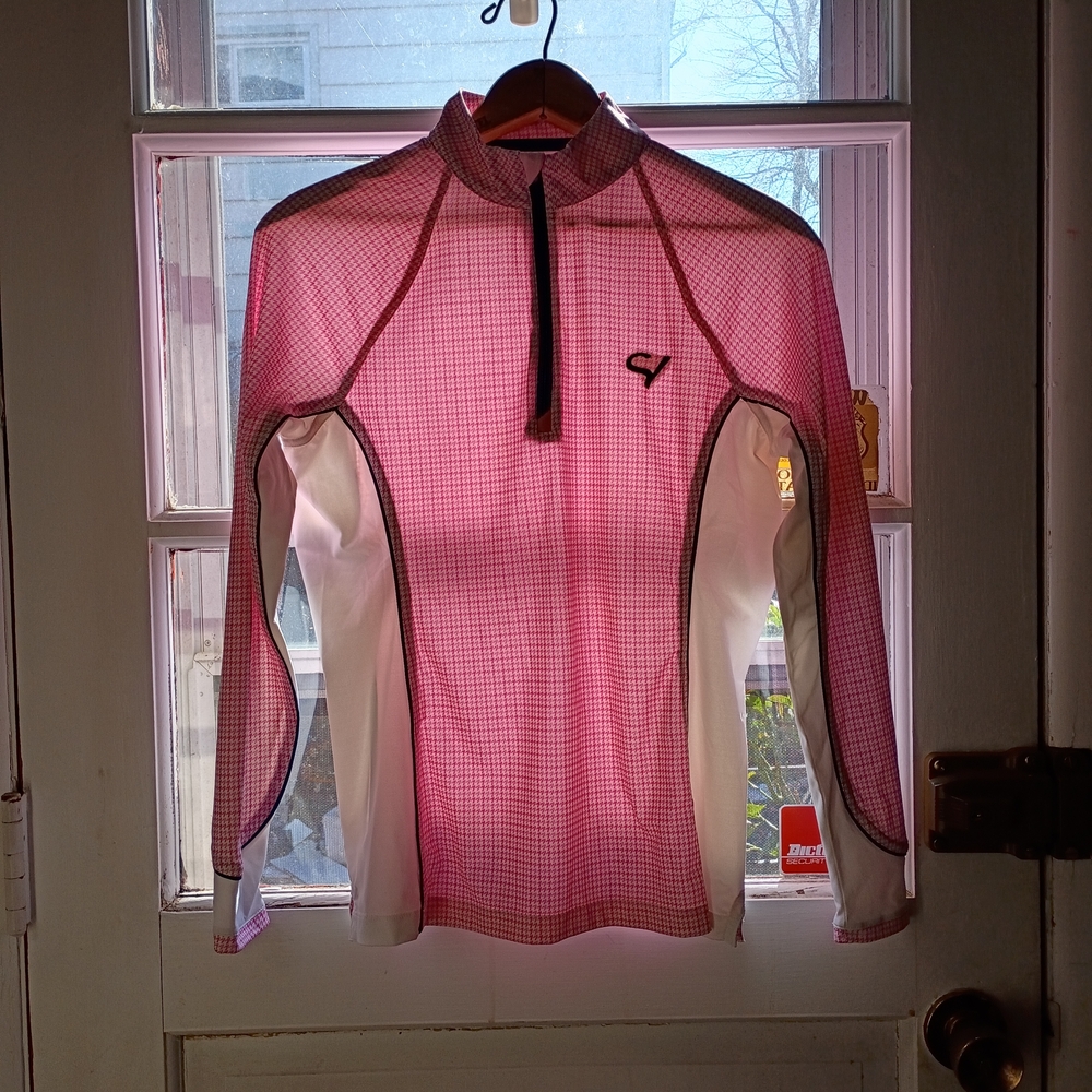 Peter Millar Quarter-Zip Top Women's XS Pink with Navy Trim Reglan Sleeves UPF50